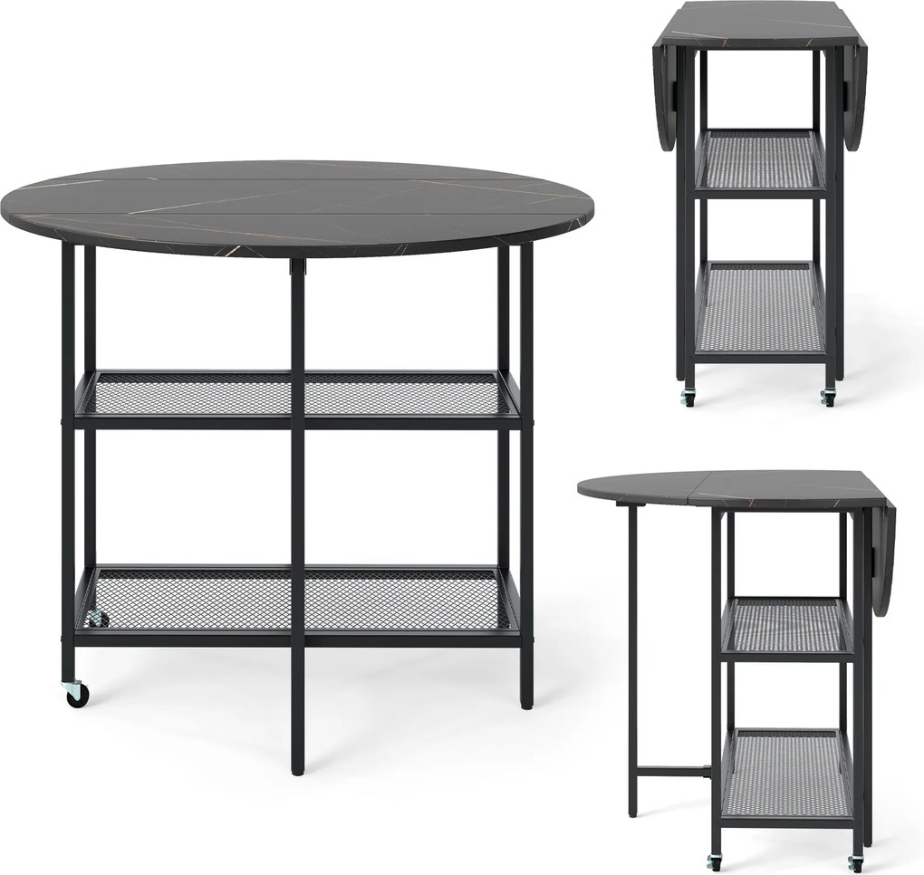 Mesa de jantar, cozinha dobrável 100 x 100 x 80 cm com aparência de mármore, mesa portátil dobrável para 2-4 pessoas, preta