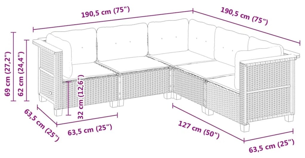 5 pcs conjunto sofás de jardim c/ almofadões vime PE cinzento