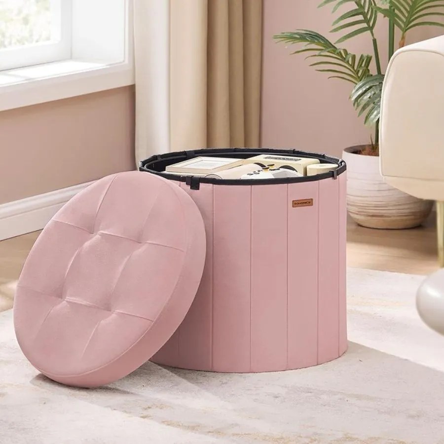 Banco redondo 46 cm de diâmetro com espaço de arrumação e tampa amovível rosa pastel