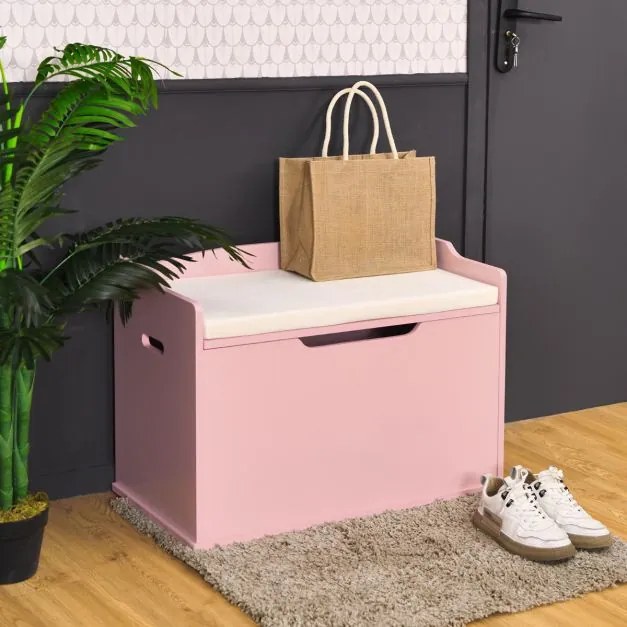 Baú de brinquedos 2 em 1, 74 x 39 x 52 cm com tampa Tampa elevável Utilização dupla como banco grande de madeira cor-de-rosa