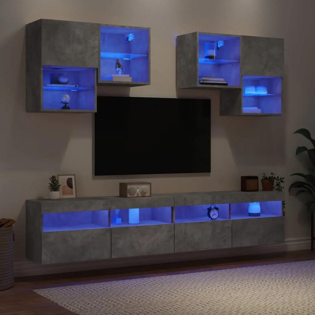 6 pcs conj. móveis de parede p/ TV luzes LED cinzento cimento