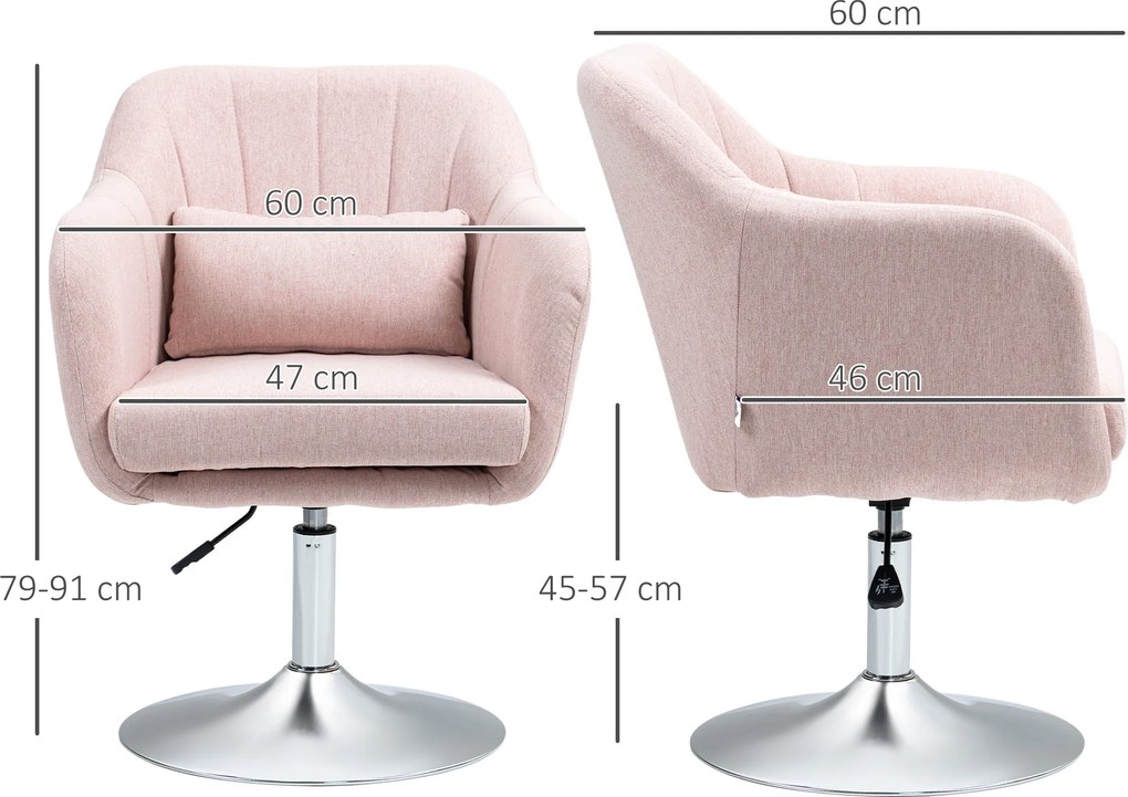 Poltrona de sala com almofadas lombares, altura ajustável, giratória a 360°, com base em metal rosa