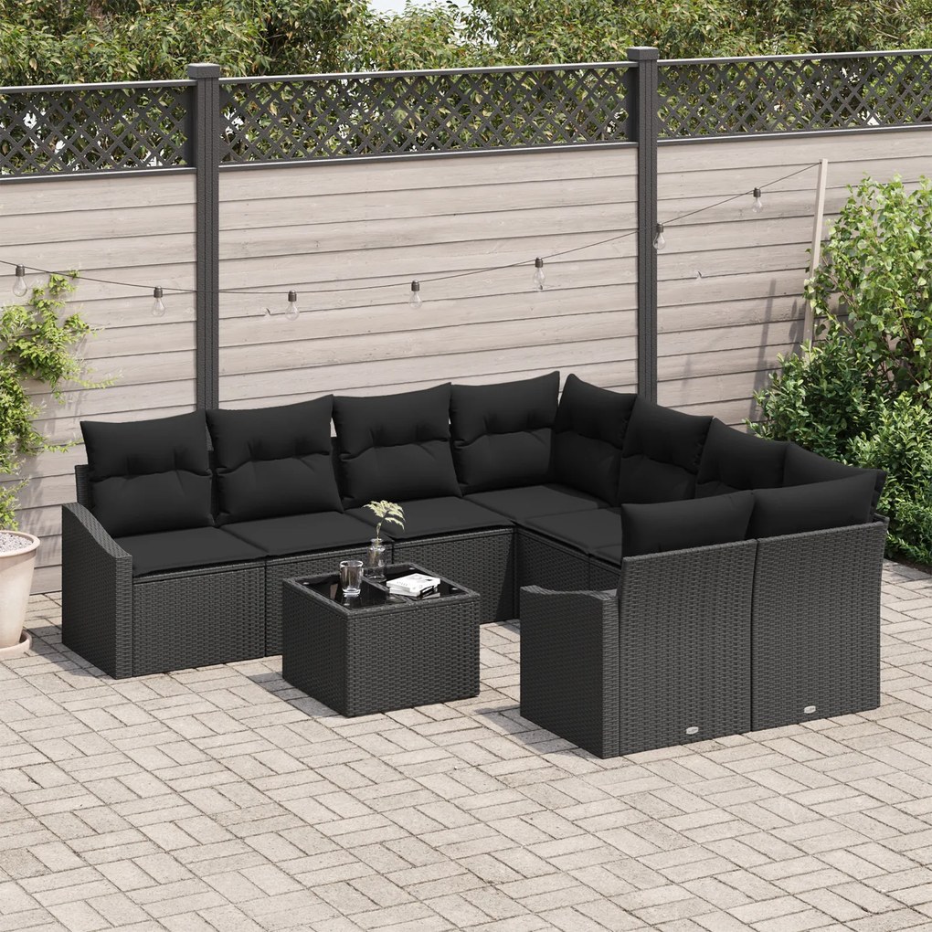 Conjunto de Jantar de Jardim com 9 Peças e Almofadas em Rattan Preto