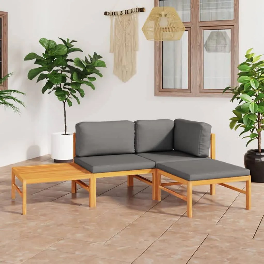 vidaXL 4 pcs conj. lounge de jardim + almofadões cinzentos teca maciça