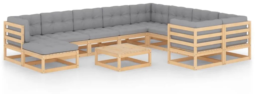 vidaXL 11 pcs conjunto lounge de jardim c/ almofadões pinho maciço