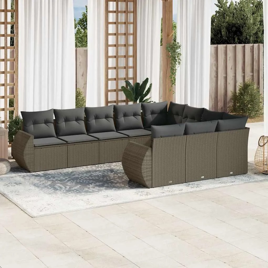 vidaXL 10 pcs conj. sofás jardim com almofadões vime PE cinzento-claro