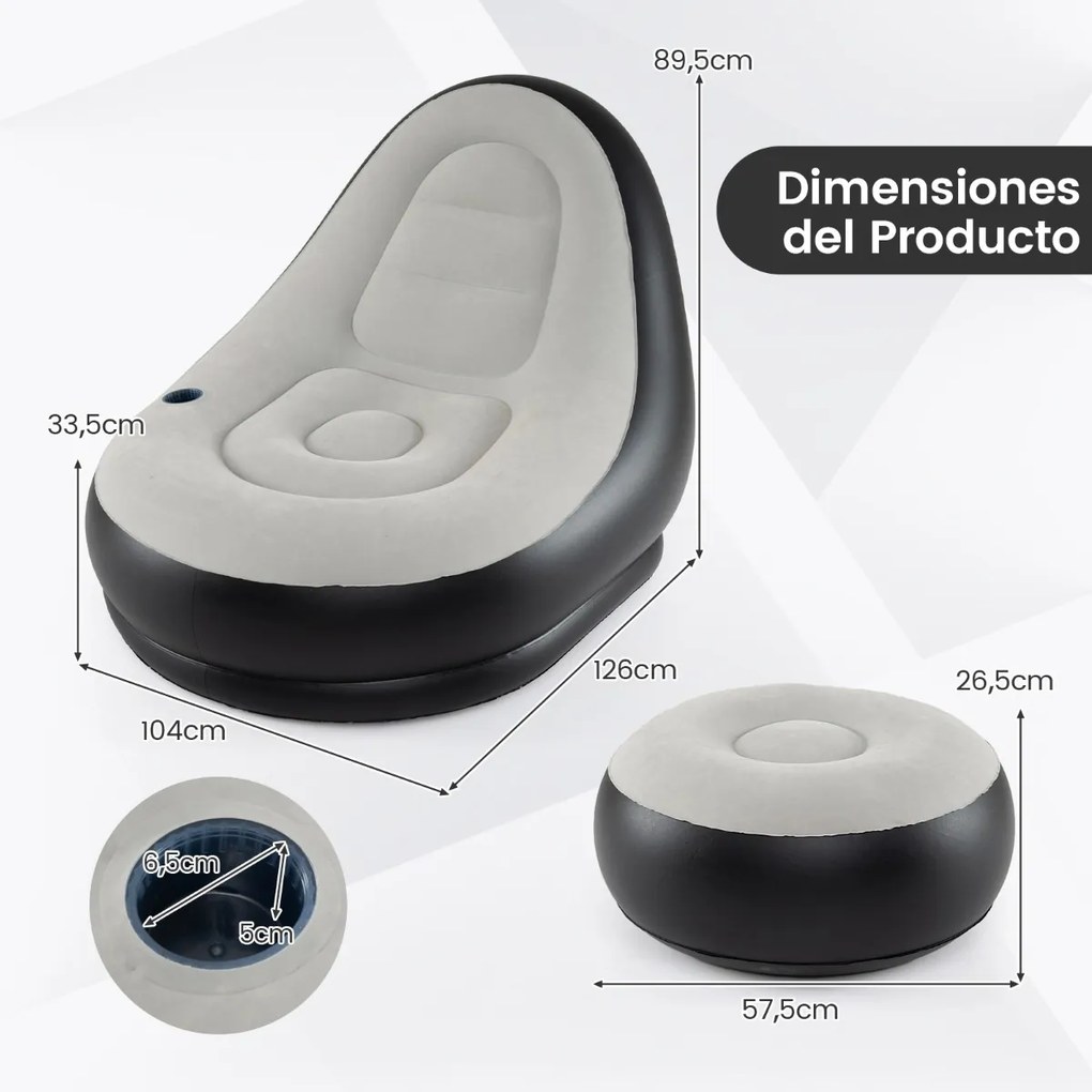 Sofá insuflável com pufe portátil, superfície felpuda e porta-copos integrado Sem bomba, para uso no exterior, interior e acampamento, cinzento + pret