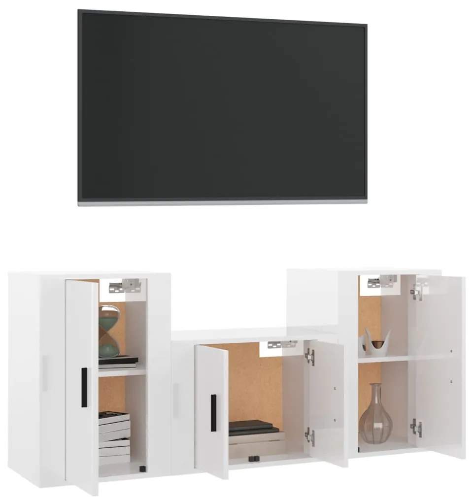 3 pcs conjunto móveis de TV madeira processada branco brilhante