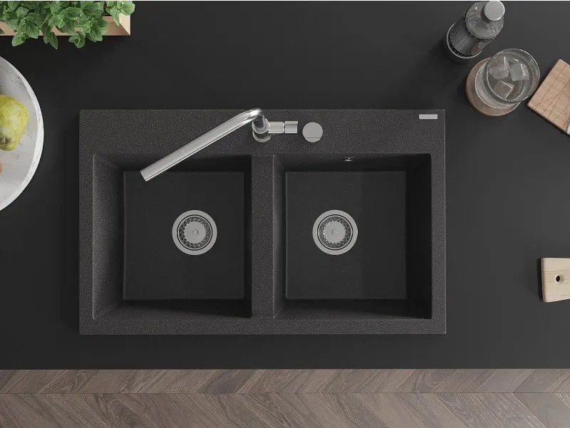 Mexen Hektor lava-loiça de granito 2-cubas 800 x 480 mm, preto salpicado, sifão cromado - 6521802000-76