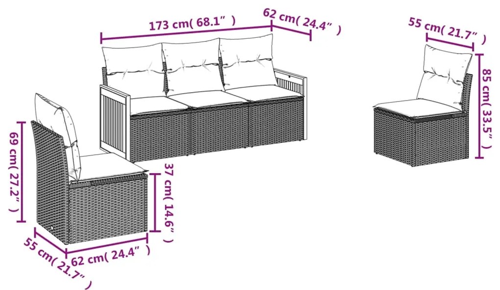 5 pcs conjunto sofás de jardim com almofadões vime PE preto