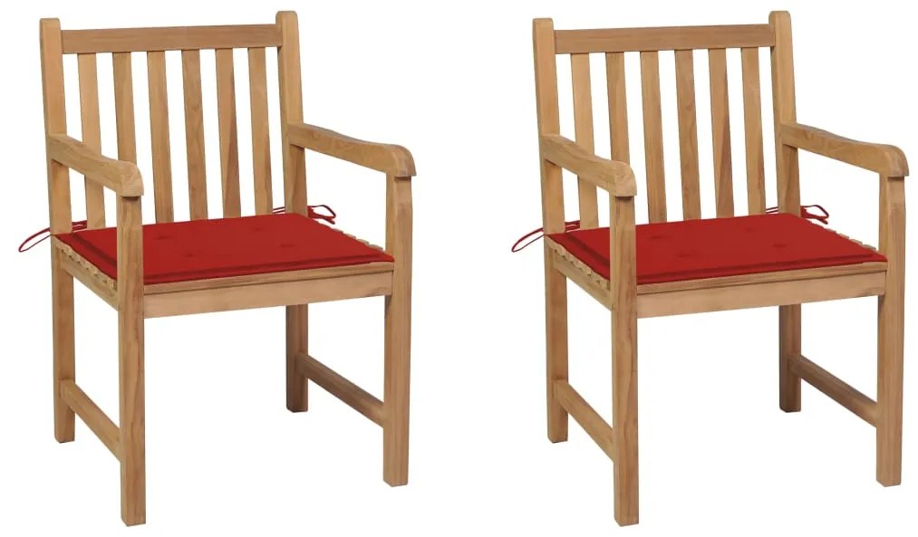 vidaXL Cadeiras de jardim c/ almofadões vermelhos 2 pcs teca maciça