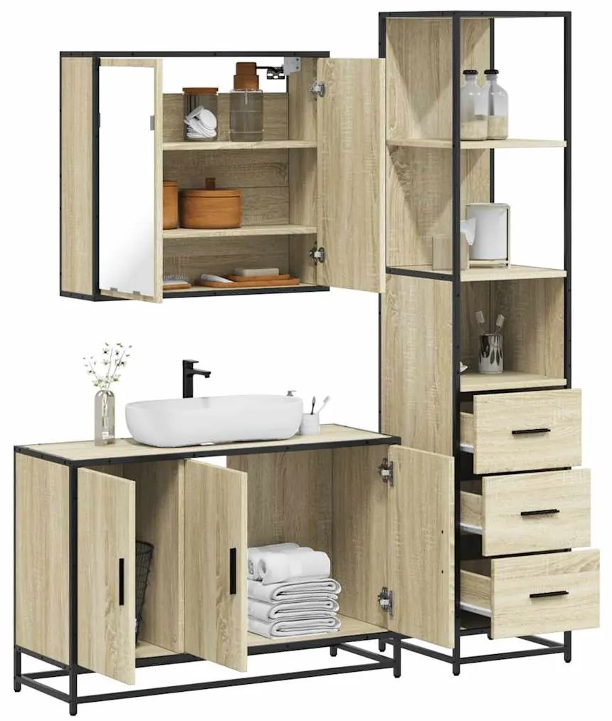 vidaXL 3 pcs conj. móveis casa banho derivados madeira carvalho sonoma