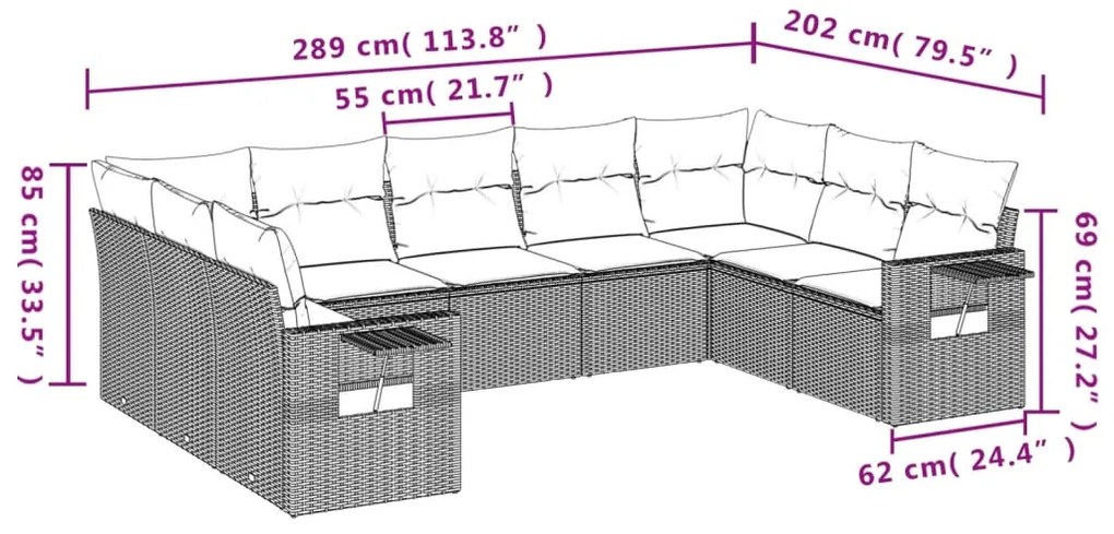 9 pcs conjunto sofás p/ jardim com almofadões vime PE cinzento
