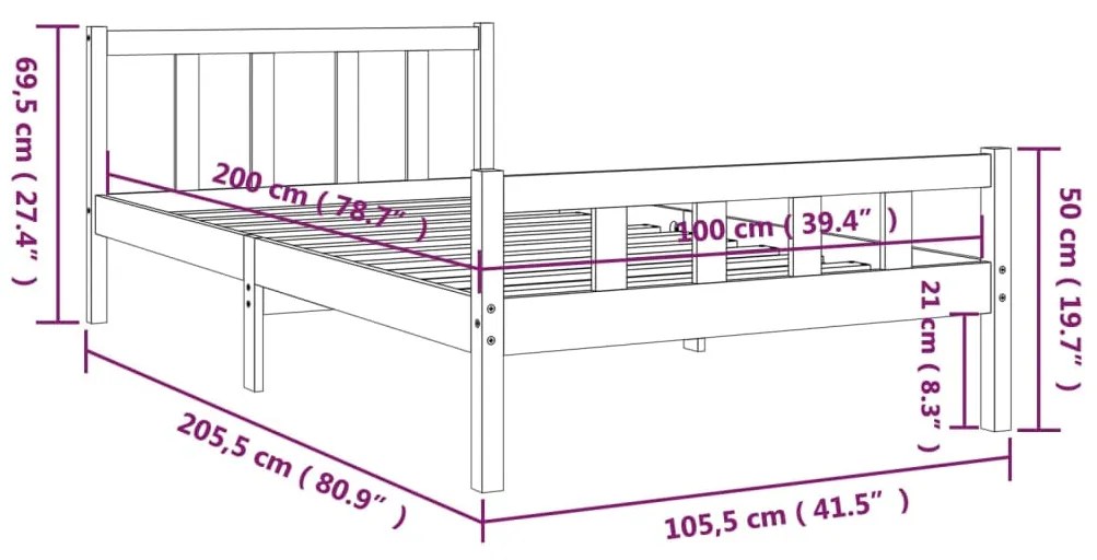 Estrutura de cama 100x200 cm madeira maciça cinzento