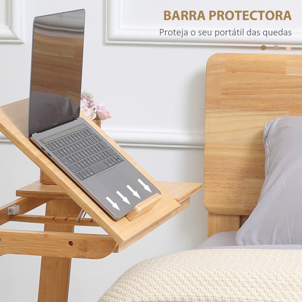 HOMCOM Mesa Auxiliar de Bambu Mesa em Forma de C com Bancada Abatível e Ângulo Ajustável 140-180° para Sala de Estar Dormitório 60x33x67cm Madeira