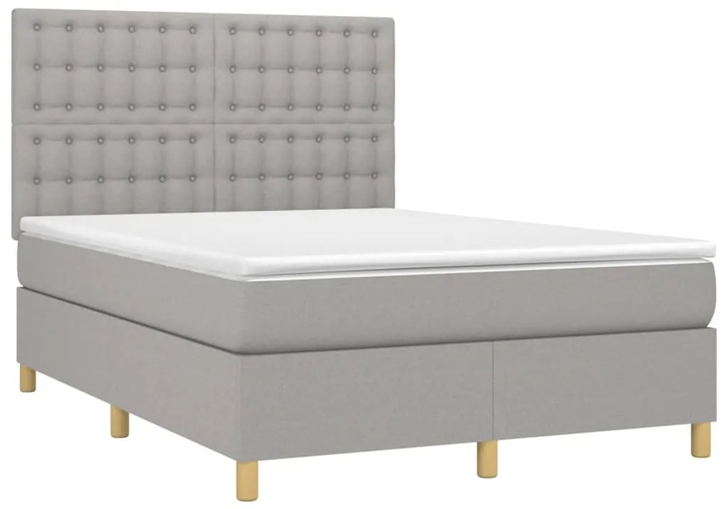 Cama box spring c/ colchão e LED 140x200 cm tecido cinza-claro