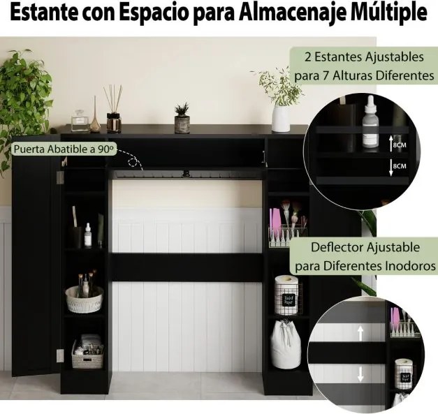 Estante sobre sanita 89 x 19,5 x 99 cm de casa de banho com prateleiras ajustáveis com suporte para papel higiênico Porta basculante Preto