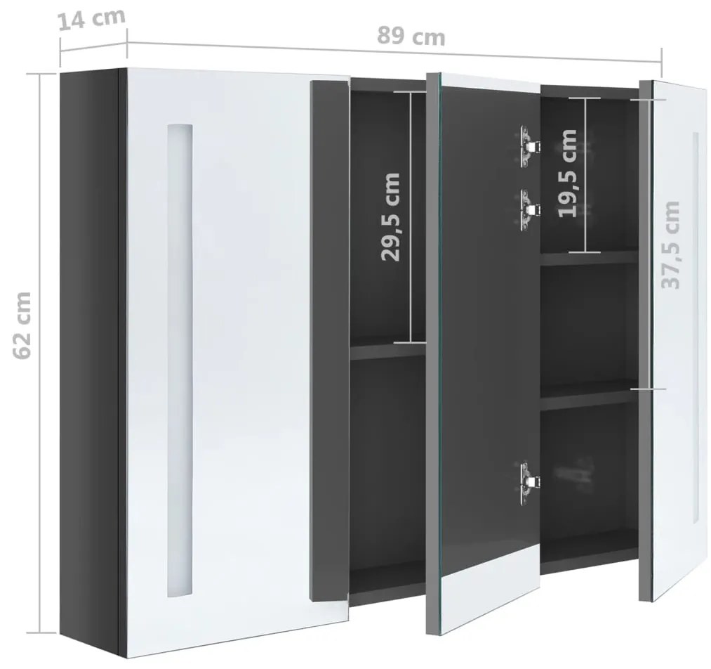 Armário espelhado casa de banho LED 89x14x62cm cinza brilhante