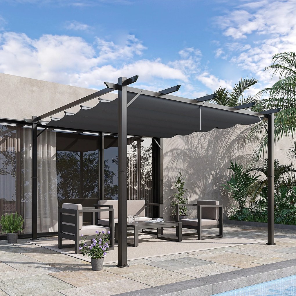 Pérgola de Jardim 300x300x223 cm com Toldo de Poliéster Retrátil e Est