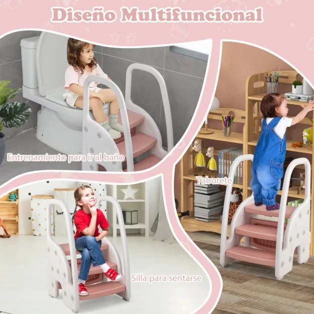 Banco de 3 degraus para crianças com alças de segurança Degraus antiderrapantes para cozinha e banheiro 43 x 42 x 70 cm Rosa