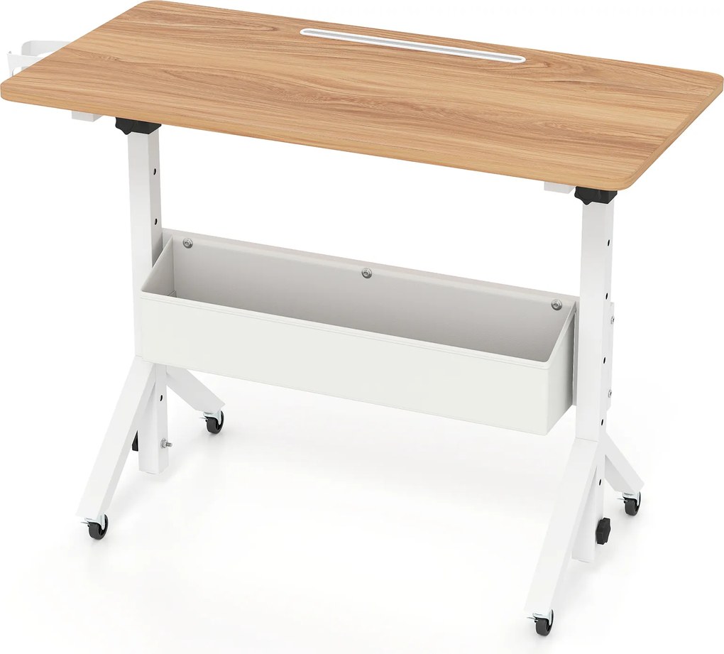 Secretária Elevatória Móvel, 80 x 40 x 70-117 cm, Rodas com Travão, Natural