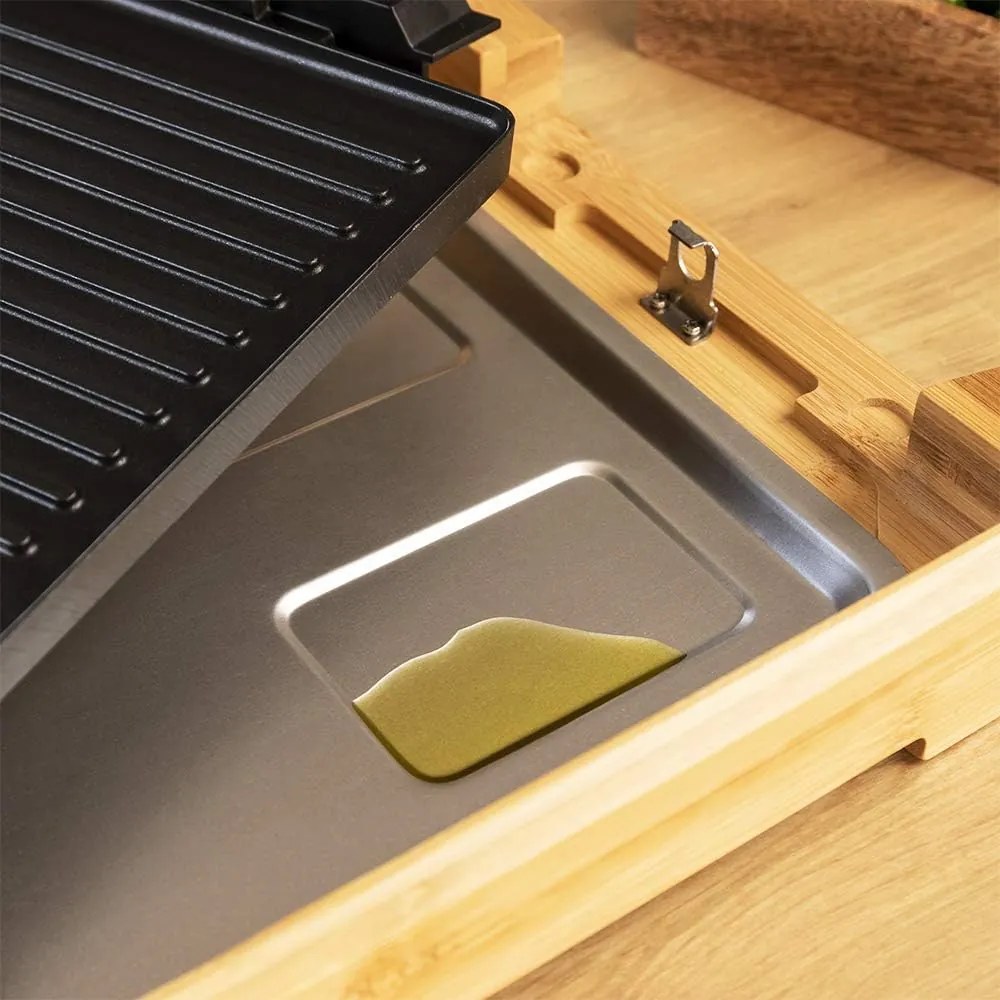 Grelhador elétrico com Potência 2000 W Tasty&Grill 2000 Bamboo Black, acabamento em aço inoxidável, termóstato ajustável, superfície da grelha, revest