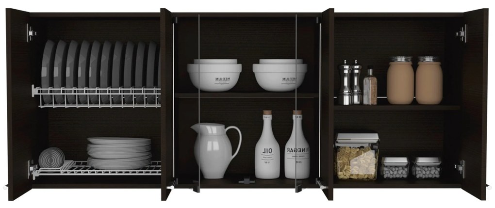 Móvel de parede para cozinha com vidro 150, com várias portas, 60 x 150 x 31,5 cm preto