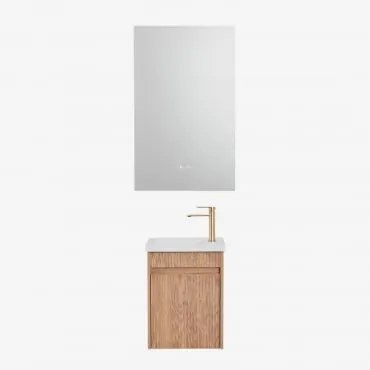 Conjunto De Móvel De Casa De Banho Suspenso Em Madeira Com Lavatório Integrado Narek Castanho Fresno & Retangular Led E Anti-embaciamento - Sklum