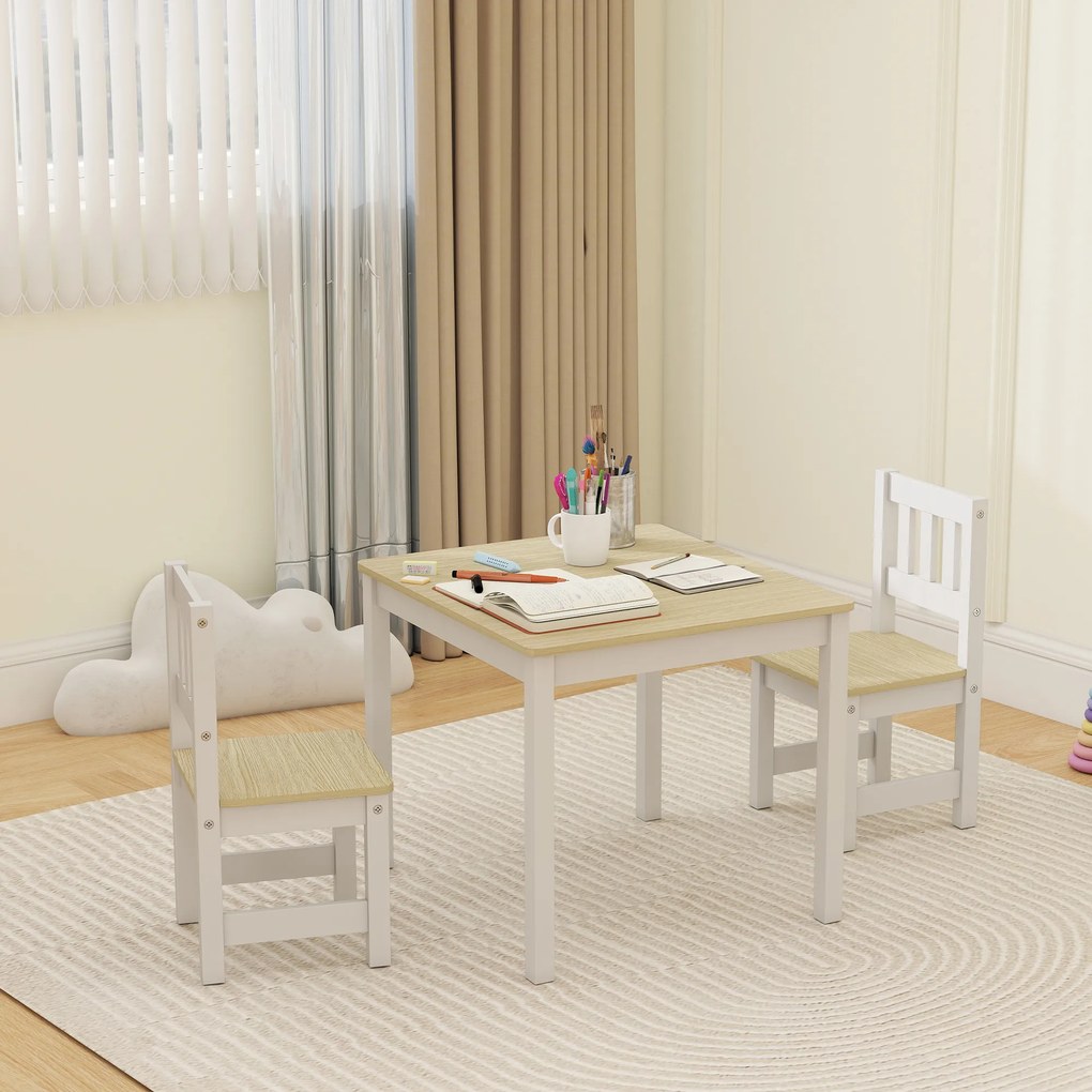 Mesa infantil com cadeira, conjunto composto por uma mesa e duas cadeiras infantis em madeira para desenhar, brincar e estudar, 56 x 52 x 48 cm, natur