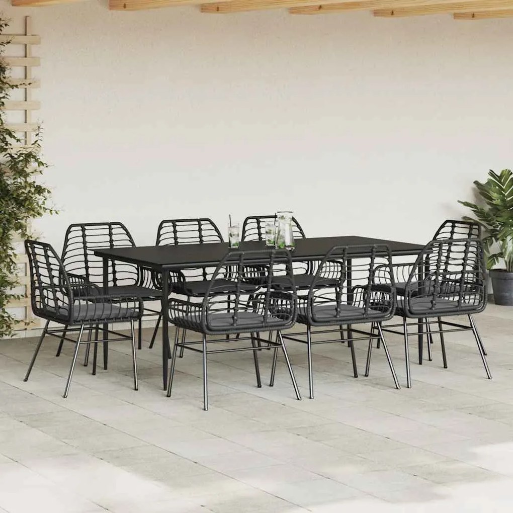 Conjunto de jantar jardim 9 peças almofadas vidro vime PE preto
