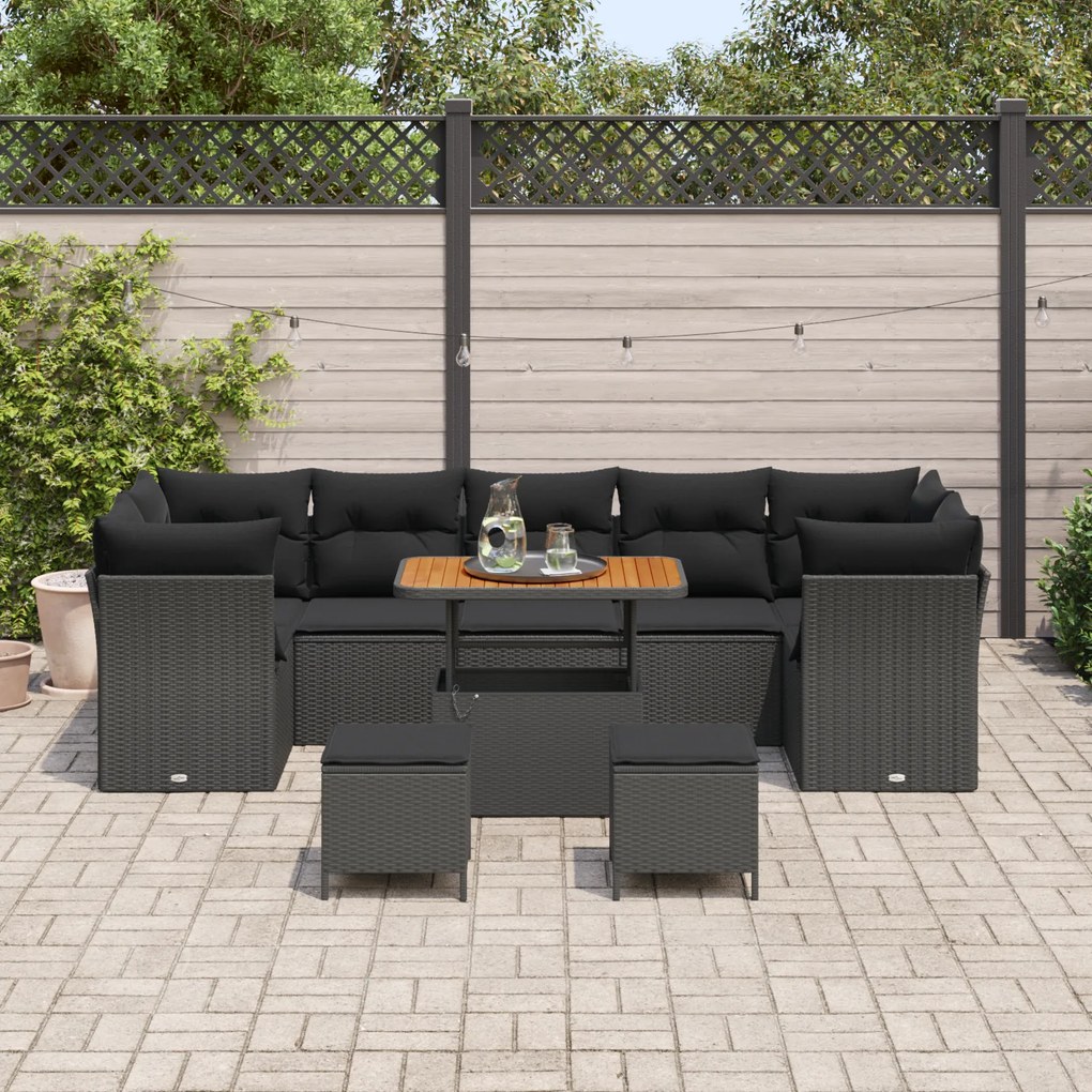 Conjunto de Sofá de Jardim vidaXL 10 peças com Almofadas Preto Rattan