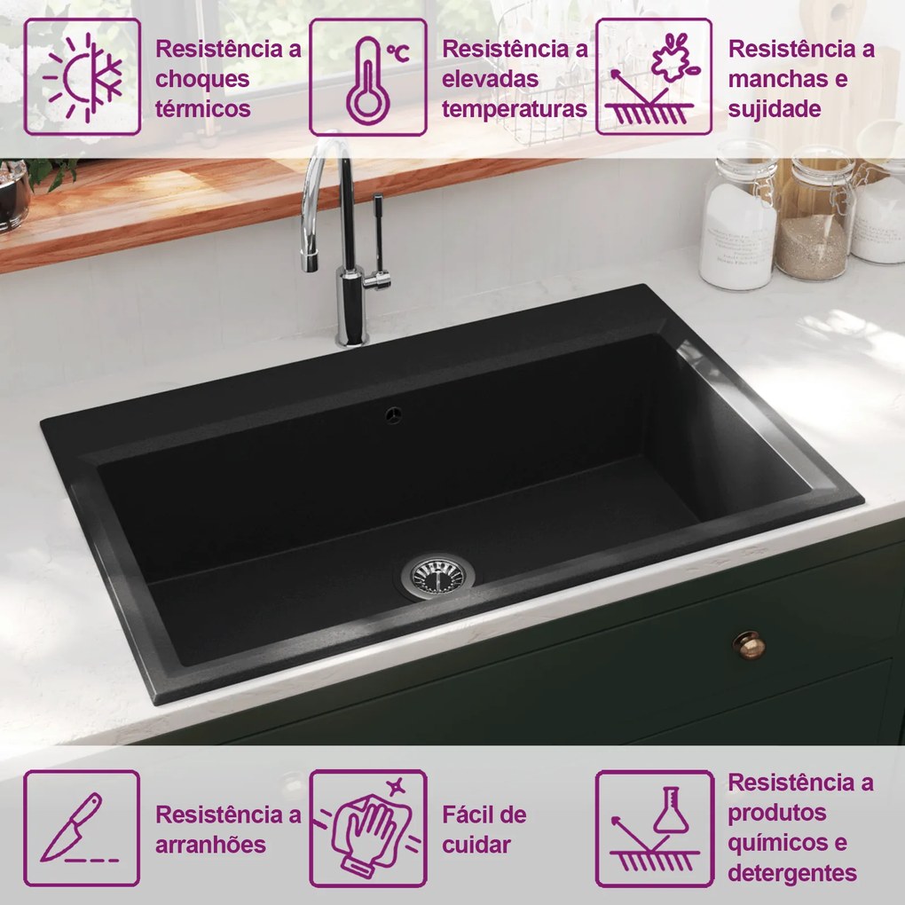 Pia de Cozinha Preta 790x500x193 mm Granito