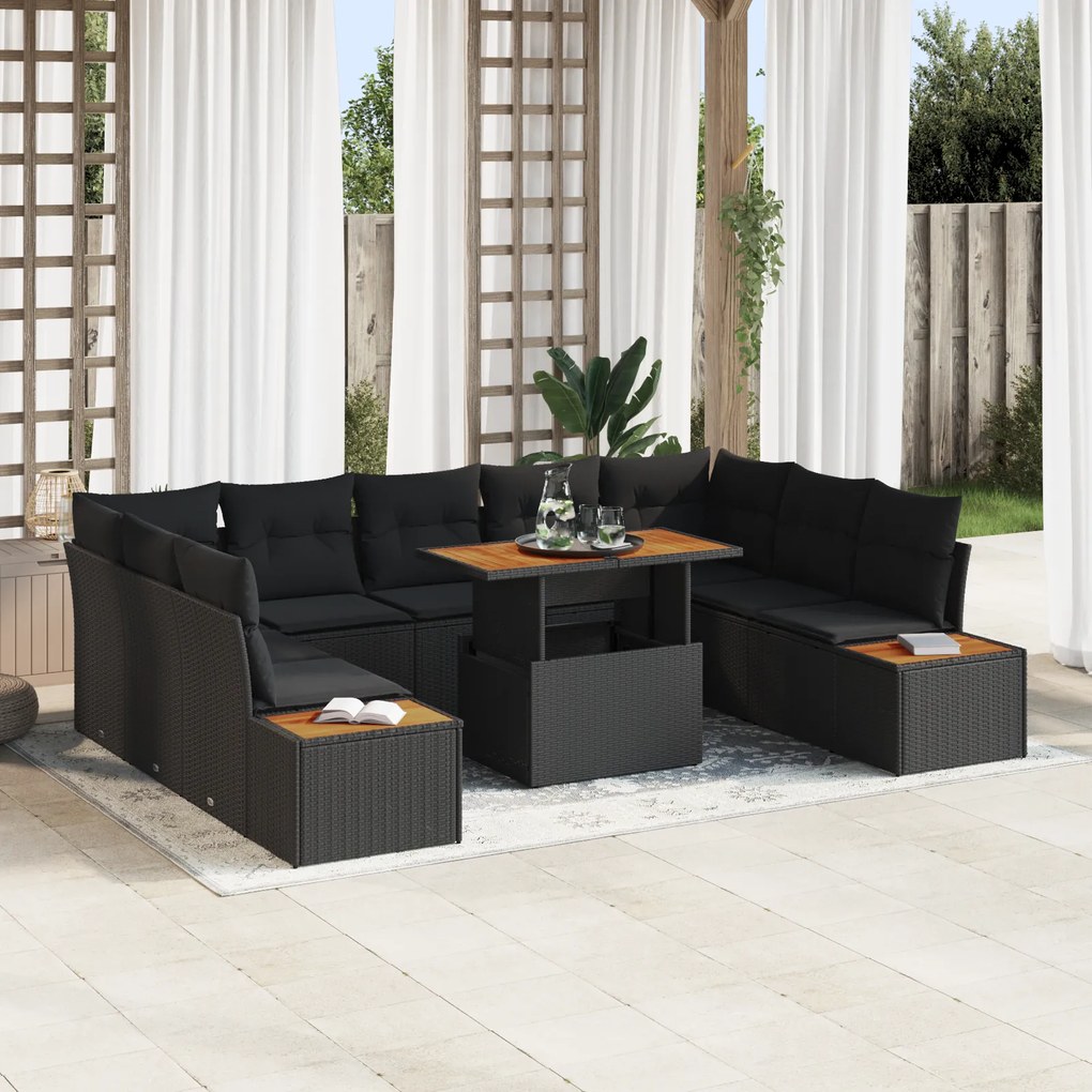 Conjunto de Sofá de Jardim vidaXL 6 Peças com Almofadas Preto Rattan Poliéster