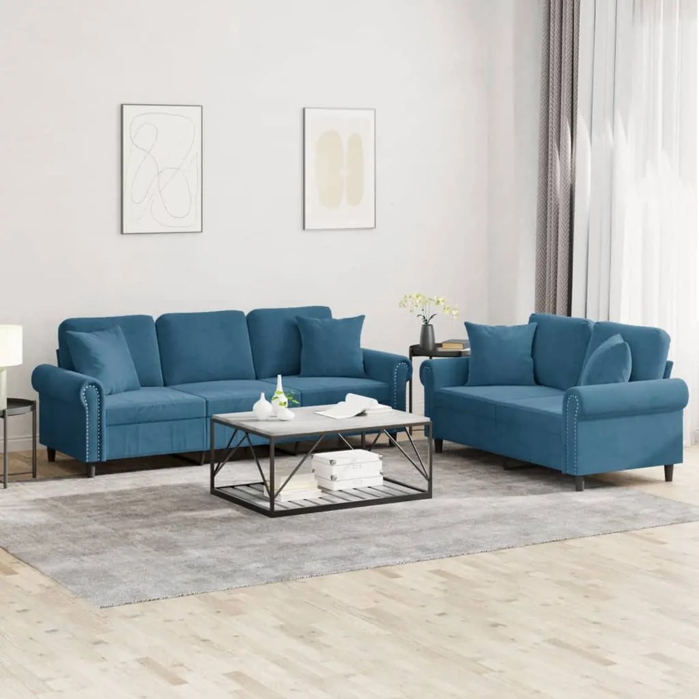 3202279 vidaXL 2 pcs conjunto de sofás com almofadas veludo azul