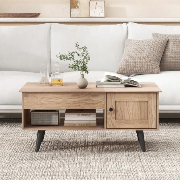 Mesa de centro 100 x 50 x 46 cm com tampo elevável e arrumação rebatível com compartimento oculto e estante para sala de estar natural