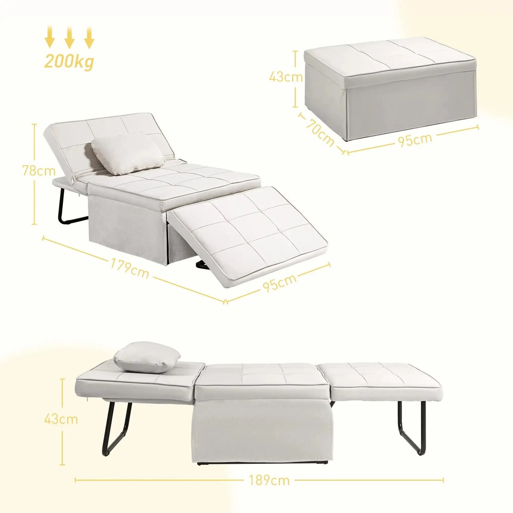 Sofá-Cama "Açores" 3 em 1 - Branco Gelo - 95x179x78 cm - Linho e Metal