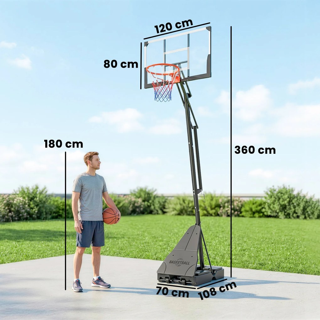 Tabela de Basquetebol para Exterior Ajustável de 245-305 cm com Rodas Base Preenchível e Sistema de Retorno Preto
