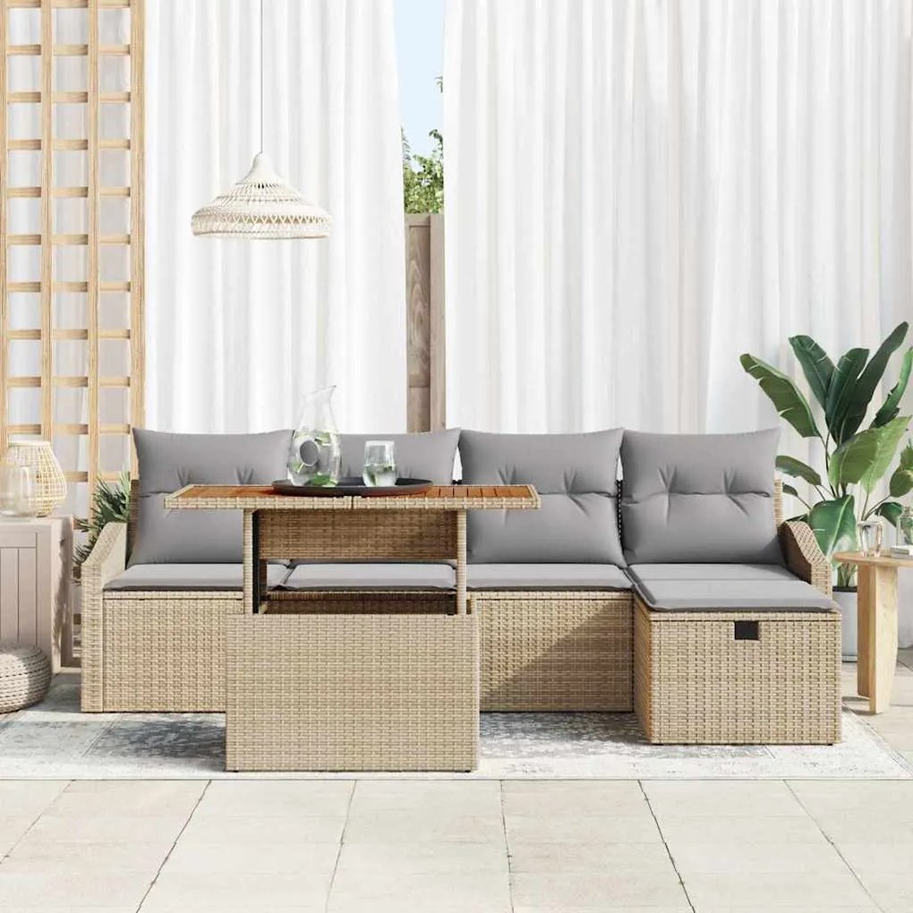 Conjunto de Sofá de Jardim 6 Peças com Almofadas Bege em Polyrattan