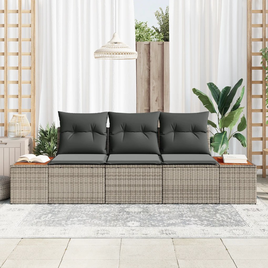 Conjunto de Sofás de Jardim vidaXL 3 Peças com Almofadas Cinza Rattan