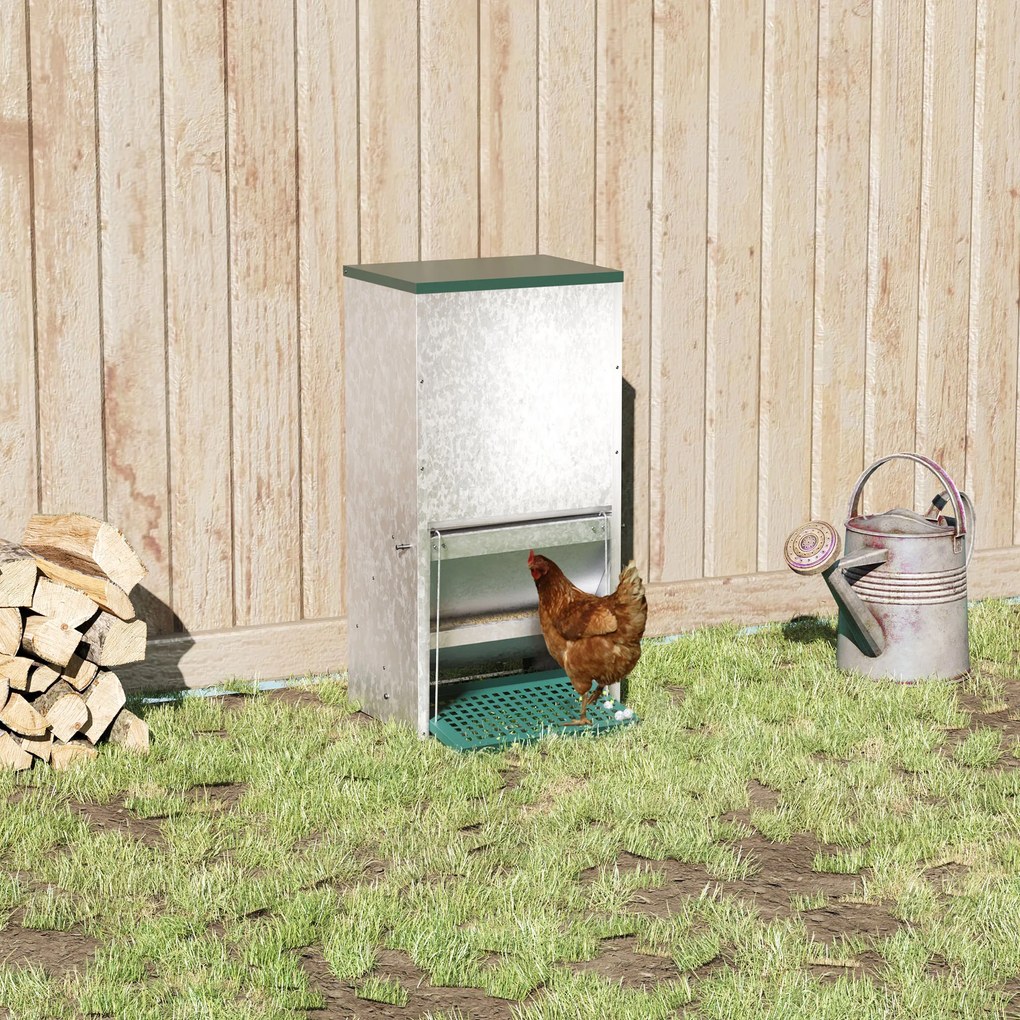 PawHut Comedouro para Aves de 24L de Capacidade Comedouro para Galinhas com Abertura Automática com Pedal 33,5x38,5x66cm Prata