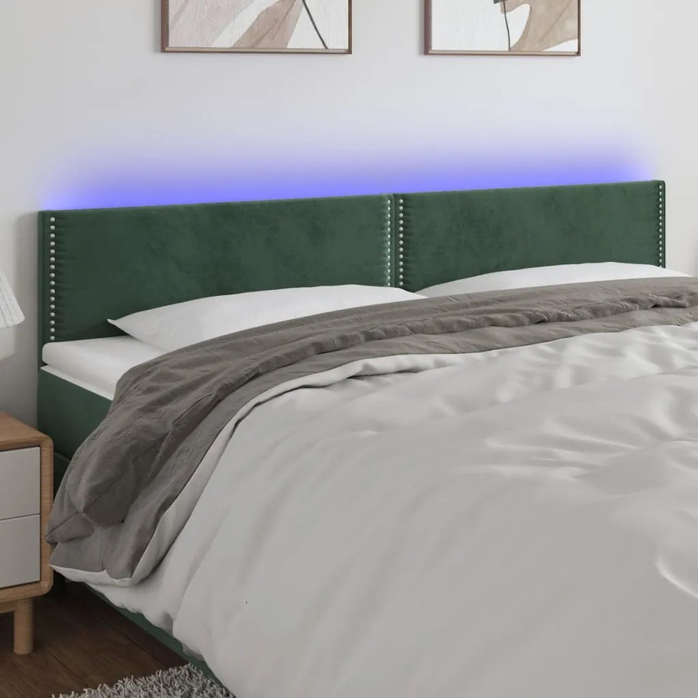 Cabeceira de cama c/luzes LED veludo 200x5x78/88cm verde-escuro