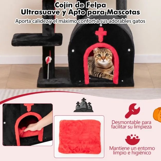 Arranhador gótica para gatos 134 cm com cama pompom e bolas de mola Centro de atividades de 6 níveis Vermelho e preto