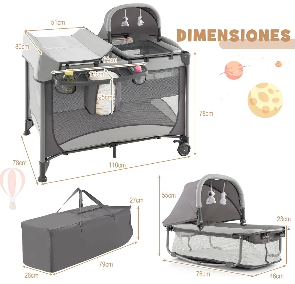 Berço Centro de atividades infantil portátil 5 em 1 com trocador de saia para protetor de berço Colchão removível 2 rodas cinto 110 x 78 x 78 cm Cinze