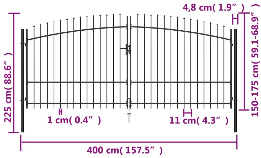 Portão de cerca com porta dupla e topo em lanças 400x225 cm