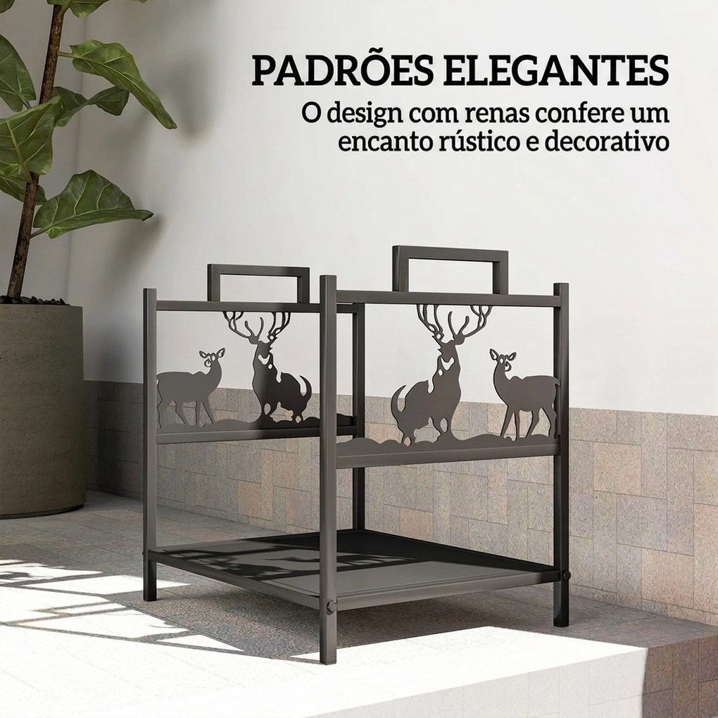 Suporte para Lenha em Metal com Pegas 42,5x33,5x43 cm para Lareira Jardim e Terraço Preto