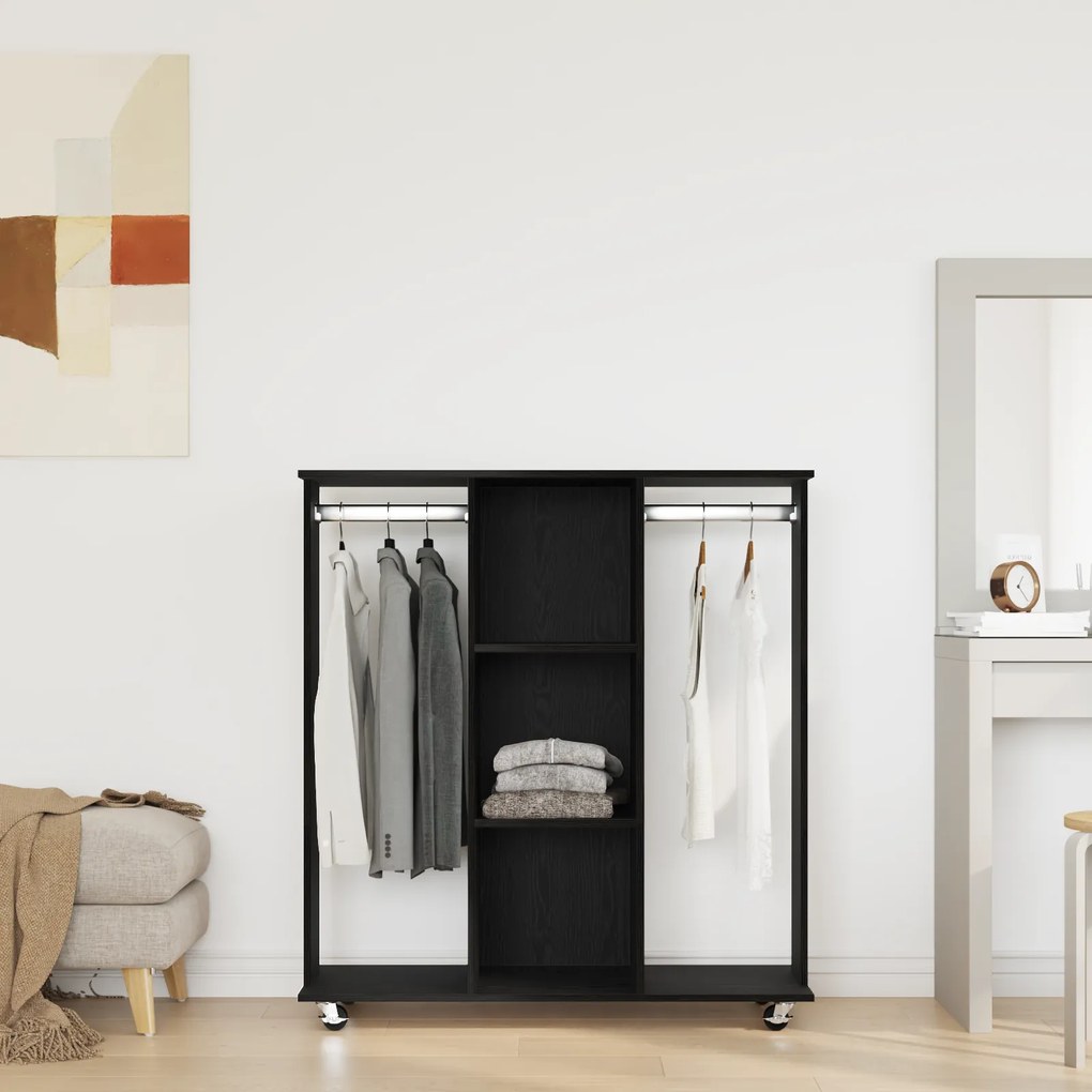 Guarda-roupas com Rodas em Carvalho Preto 102x38x110 cm Madeira de Eng