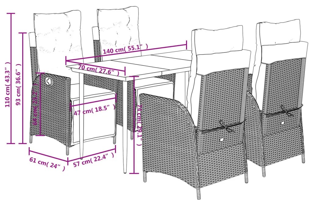 5 pcs conjunto de jantar p/ jardim c/ almofadões cinzento claro