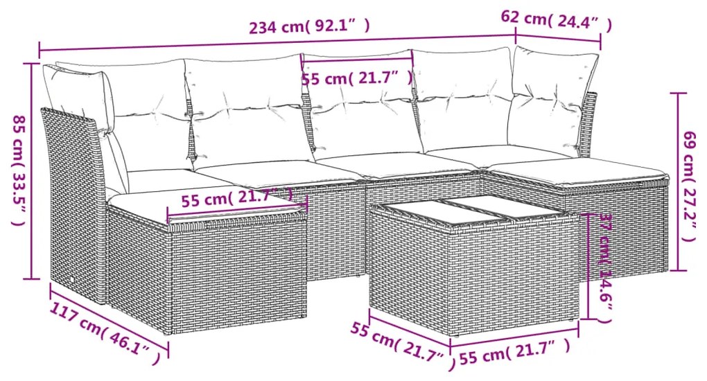 7 pcs conjunto de sofás p/ jardim com almofadões vime PE bege