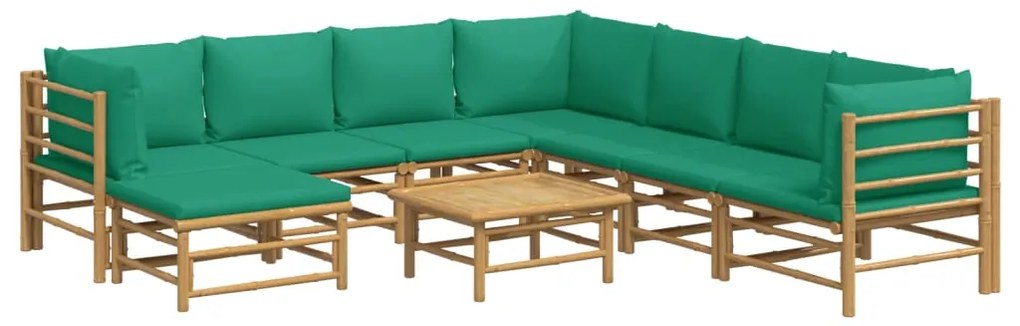 9 pcs conjunto lounge de jardim bambu c/ almofadões verdes