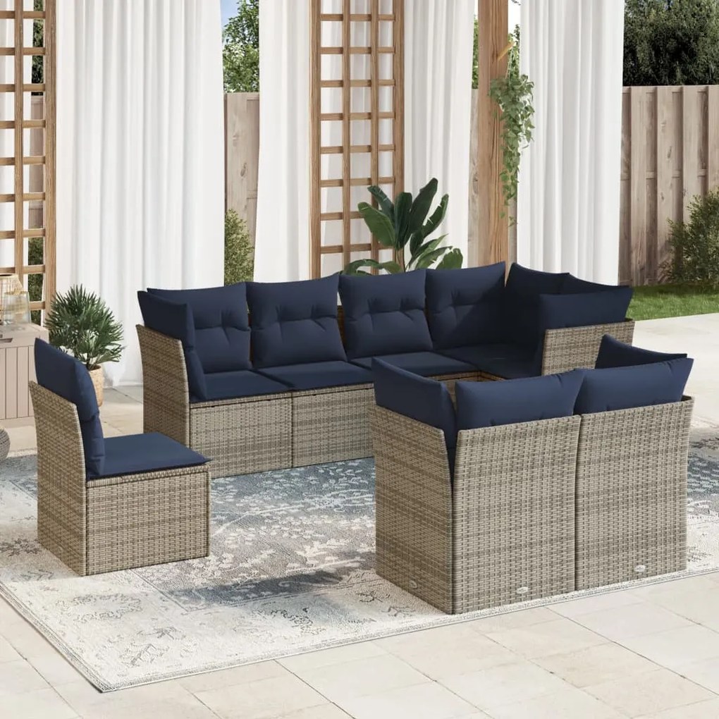 vidaXL 8 pcs conjunto sofás p/ jardim c/ almofadões vime PE cinzento